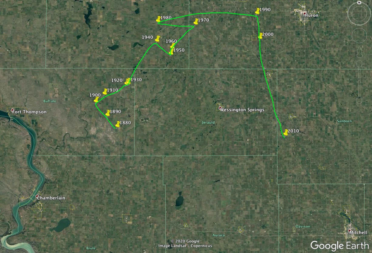 South Dakota Center Of Population Heading South Dakota Free Press   Movement Of SD Center Of Population 1880 2010 