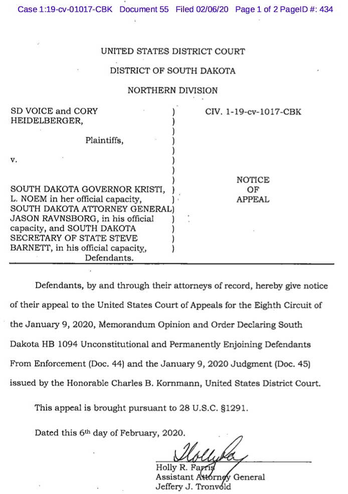 SD AG appeal to Eighth Circuit in SD Voice v. Noem II