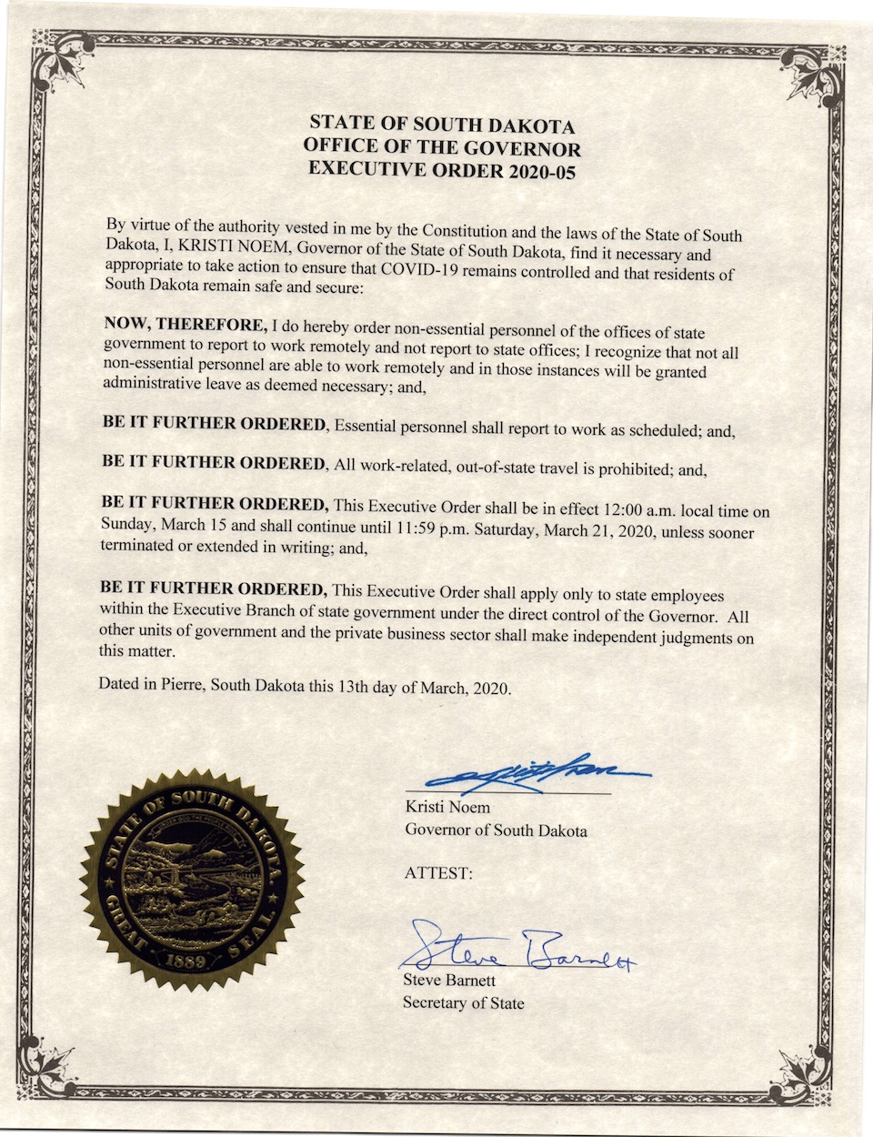 Governor Kristi Noem, Exceutive Order 2020-05, 2020.03.13.