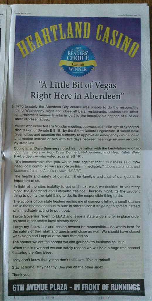 Heartland Casino full page statement, Aberdeen American News, 2020.04.03.
