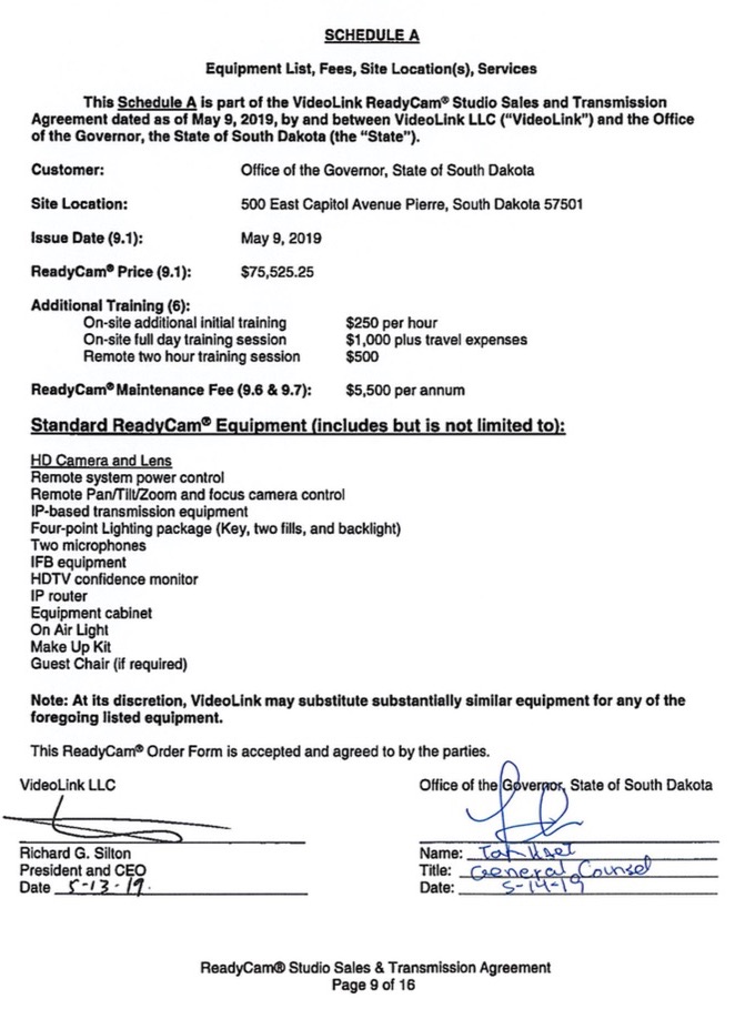 State Contract 19-0102-004, Schedule A, signed 2019.05.14 by Governor Kristi Noem's general counsel Tom Hart.