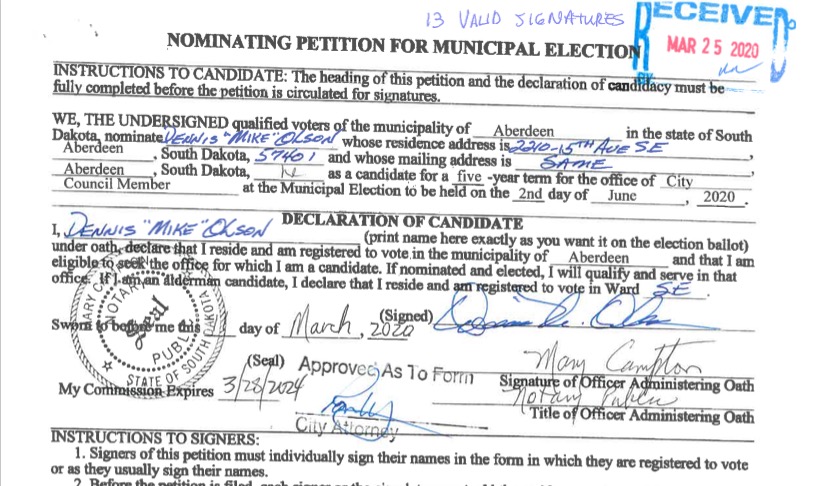 Dennis "Mike" Olson, petition header, received by the City of Aberdeen 2020.03.25.
