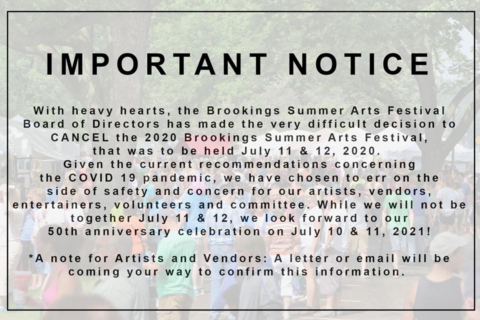 Brookings Summer Arts Festival 2020 canceled