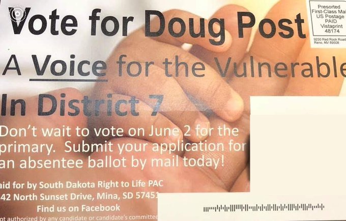 South Dakota Right to Life, Post card, primary 2020, submitted to DFP 2020.05.10.