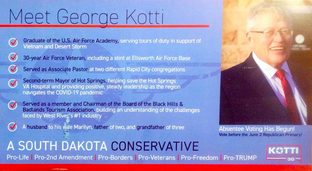 George Kotti for Senate postcard, received by DFP reader 2020.05.11.