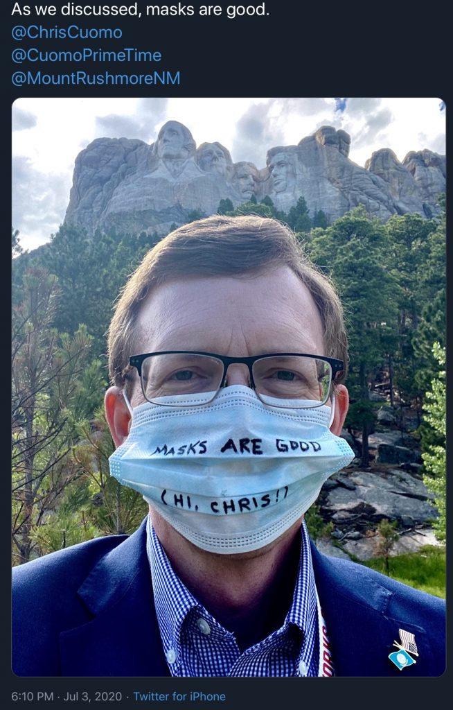 Rep. Dusty Johnson, masked Tweet from Mount Rushmore, 2020.07.03.