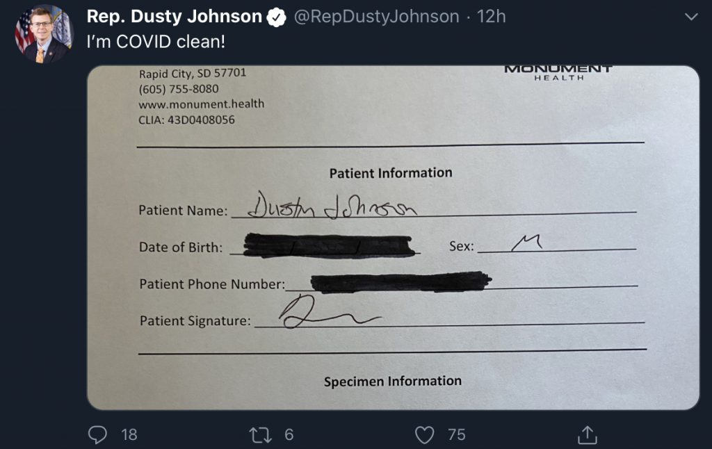 Dusty Johnson covid-free 2020.07.03