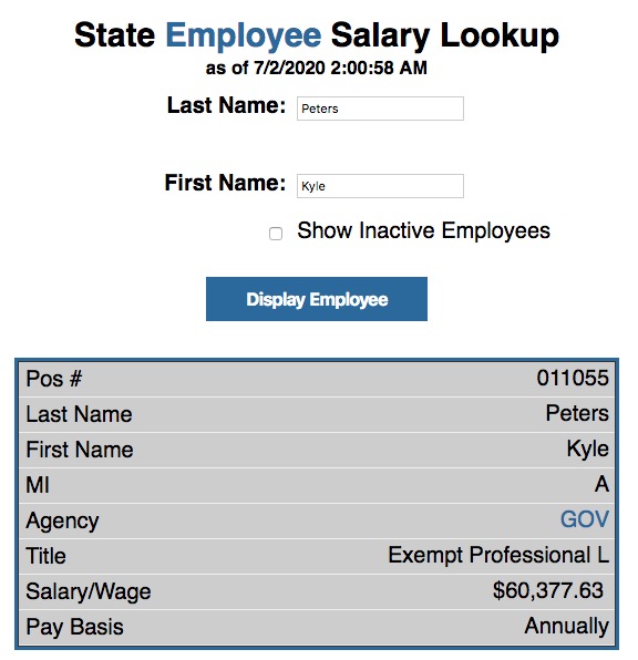 Kyle Peters state salary, screen cap from Open.SD.gov, 2020.07.02.