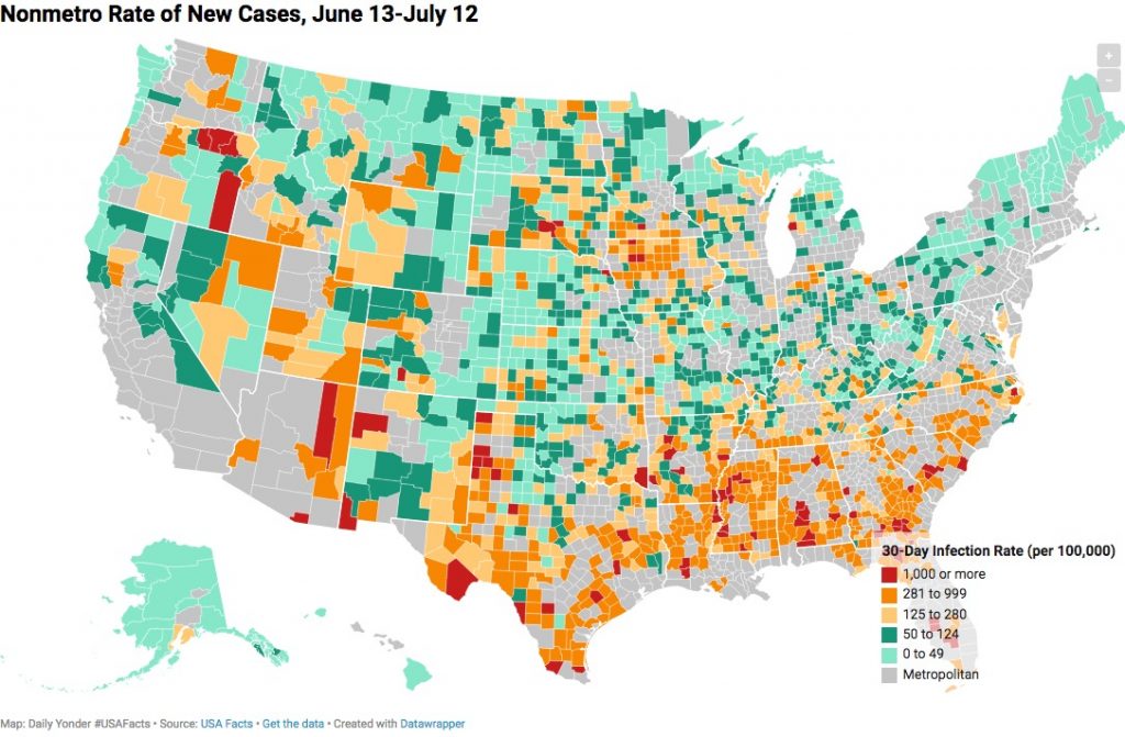 Nonmetro rate of new coronavirus cases—click to access interactive map at The Daily Yonder
