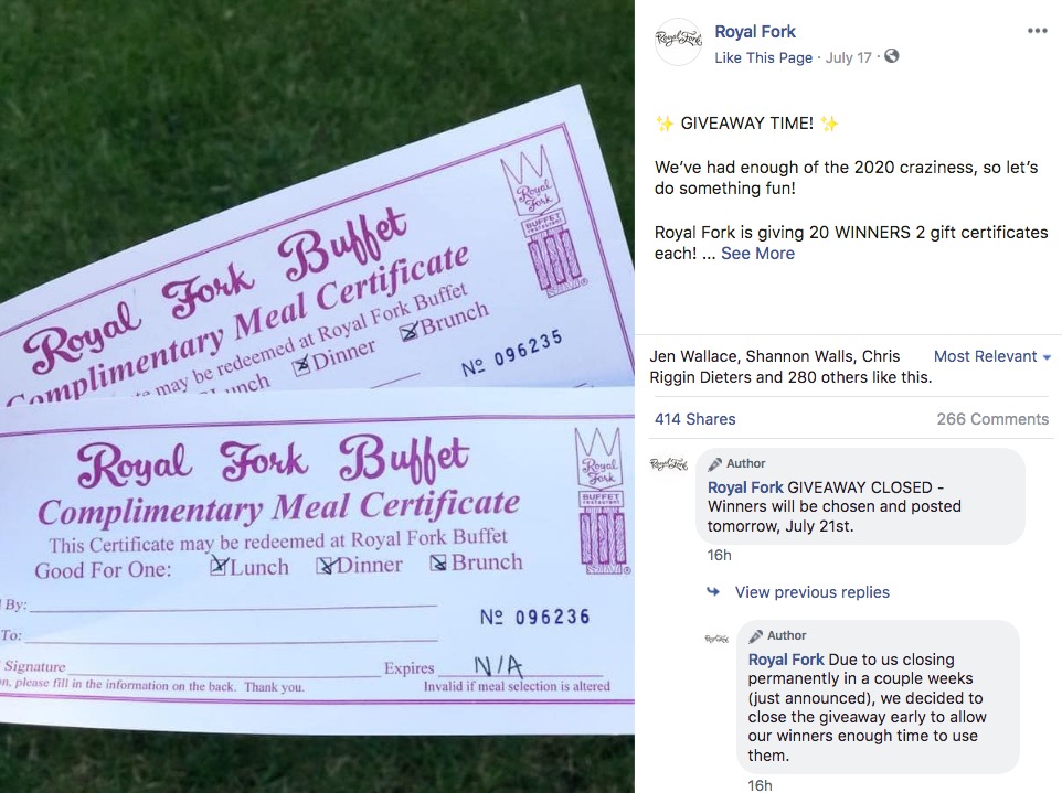 Royal Fork gift certificates, FB post, 2020.07.17.