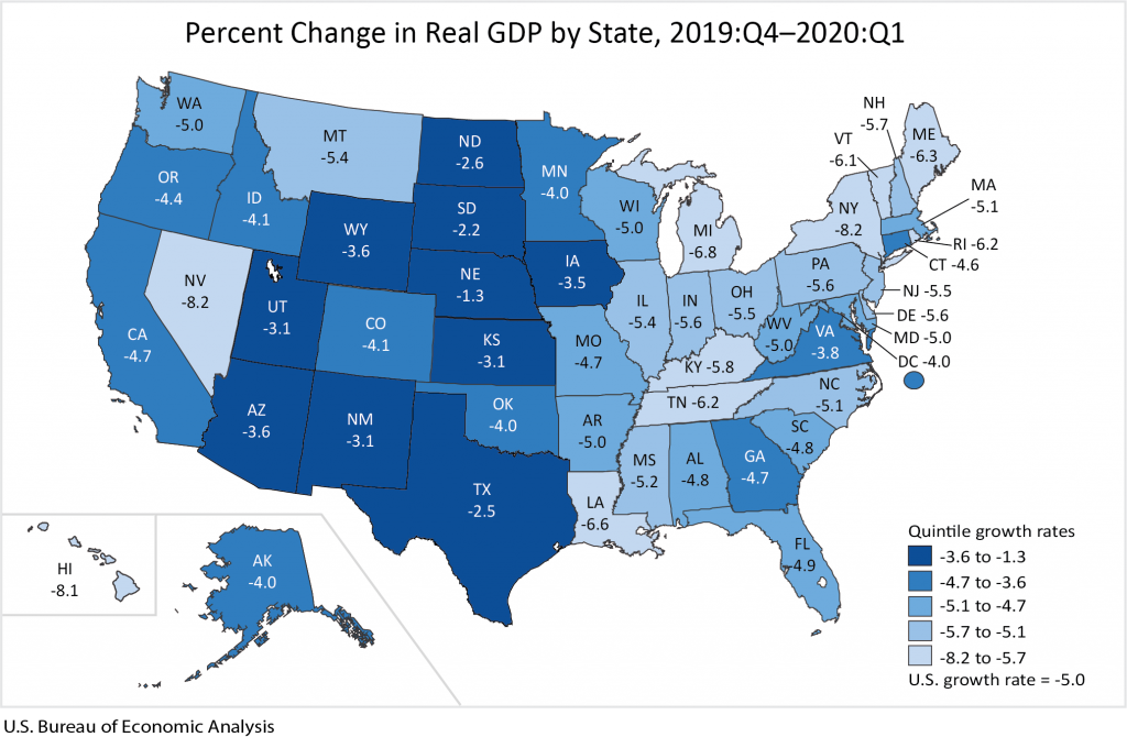 Percent change in real GDP by state, 2019:Q4–2020:Q1