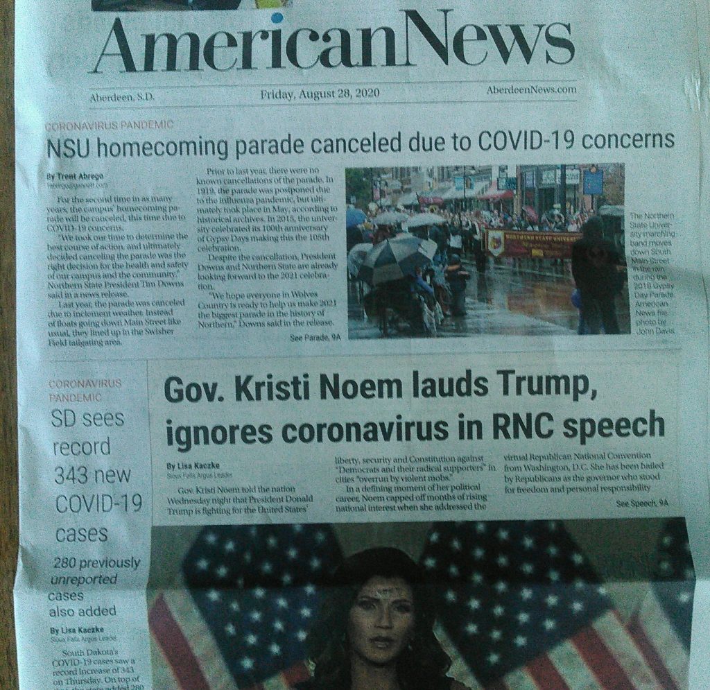 Aberdeen American News, front page, 2020.08.28.