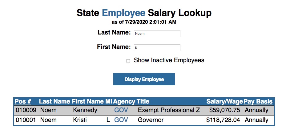 Kennedy Noem closing state salary, Open.sd.gov screen cap 2020.08.01.