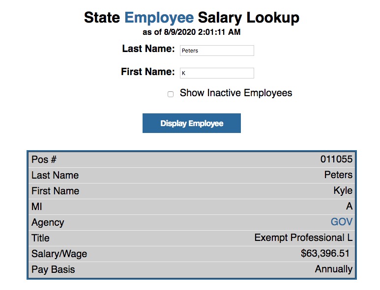 Open.sd.gov, salary information for Kyle Peters, screen cap 2020.08.09.