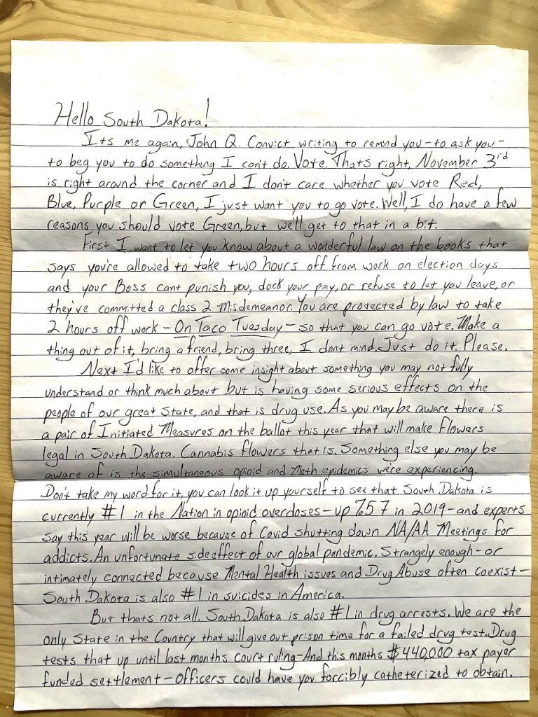 Sam Lint, Inmate #16334, letter from South Dakota State Penitentiary, postmarked 2020.09.24, p. 1.