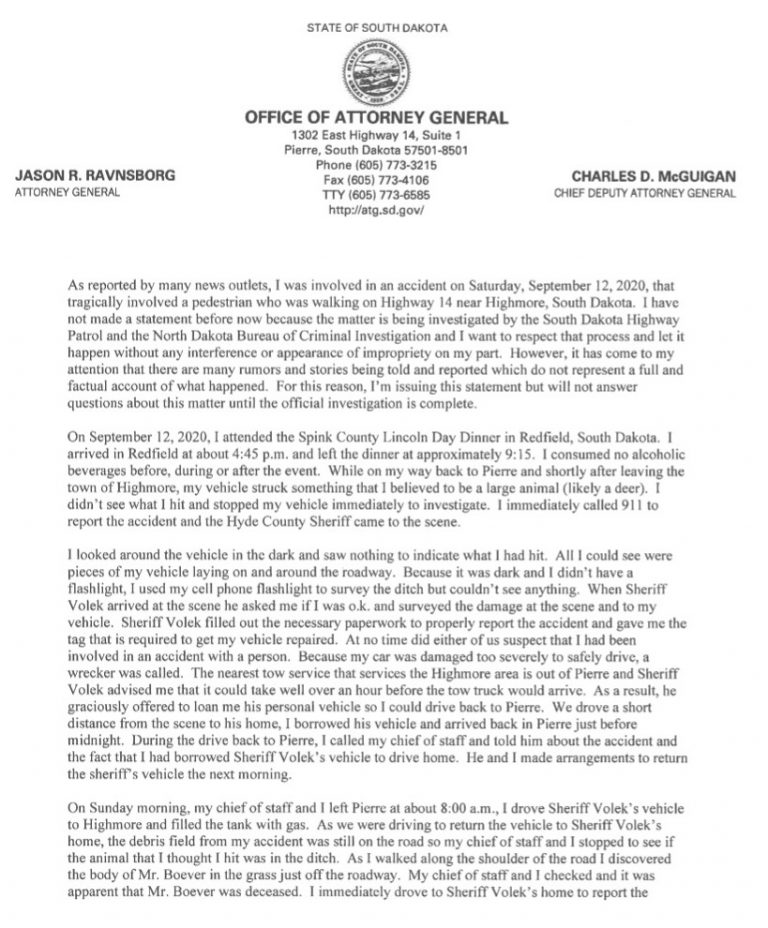 Weighs in on Killing Man with His Car in Hyde County Dakota