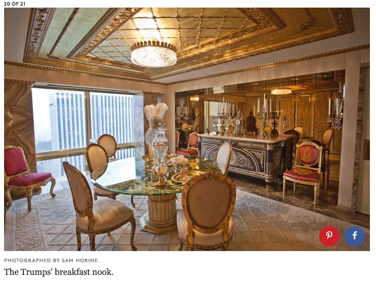 Trump breakfast nook, photo by Sam Morine, in Annie Georgia Greenberg, "Peek Inside Melania Trump's World (and Penthouse!)," Refinery29, 2012.01.03.