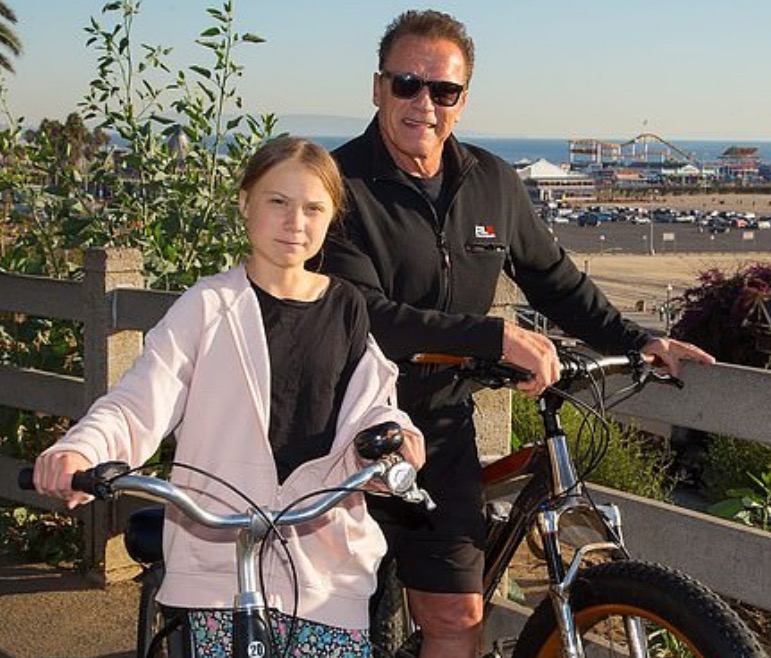 Greta Thunberg and Arnold Schwarzenegger on bicycles