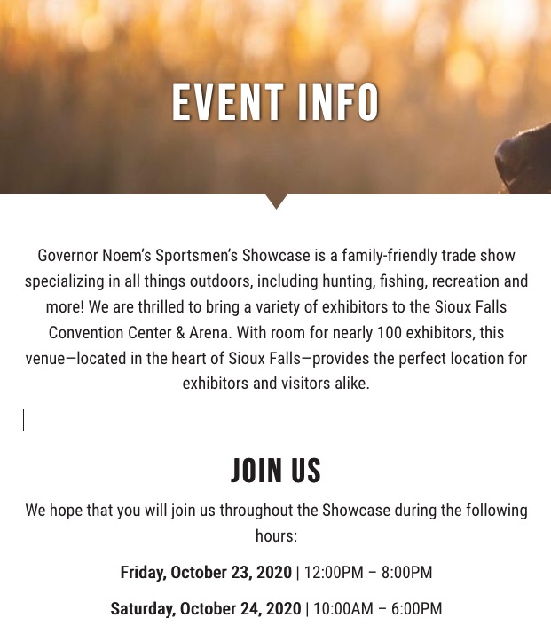 Sportsmen's Showcase Event Info page, screen capped 2020.09.22.