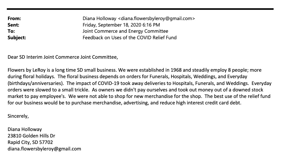 Diana Hollway, e-mail to Interim Joint Commerce and Energy Committee, South Dakota Legislature, 2020.09.18.