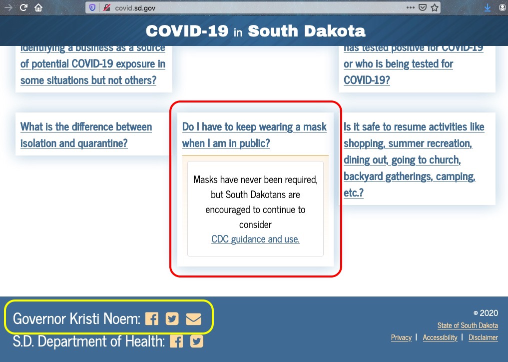 covid.sd.gov, homepage note on masks, 2020.09.10.