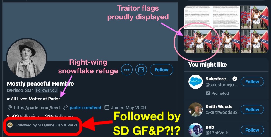 SD Game Fish & Parks follows unnamed traitor who flies Confederate flag