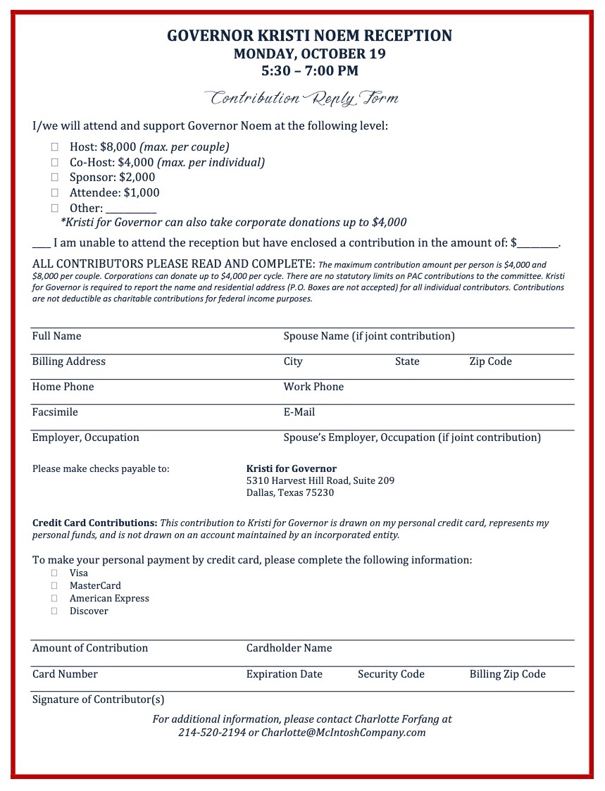 Invitation to "Kristi for Governor" fundraiser in Dallas, Texas, posted by Lee Strubinger, SDPB, 2020.10.19.