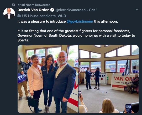 Derrick Van Orden, photo with maskless Kristi Noem and other Republican supporters at indoor Wisconsin campaign event, Twitter, 2020.10.01.
