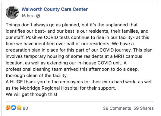 Walworth County Care Center, Facebook post, 2020.10.09.