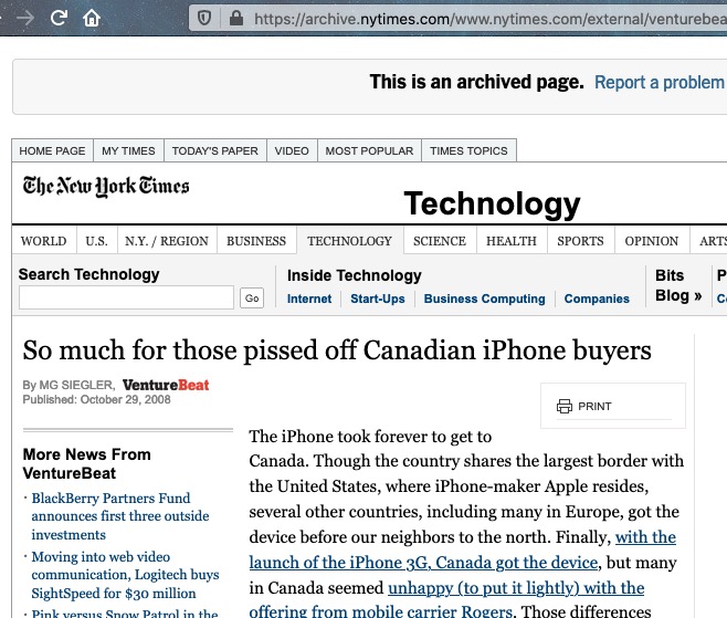 MG Siegler, "So Much for Those Pissed Off Canadian Phone Buyers," New York Times, 2008.10.29.