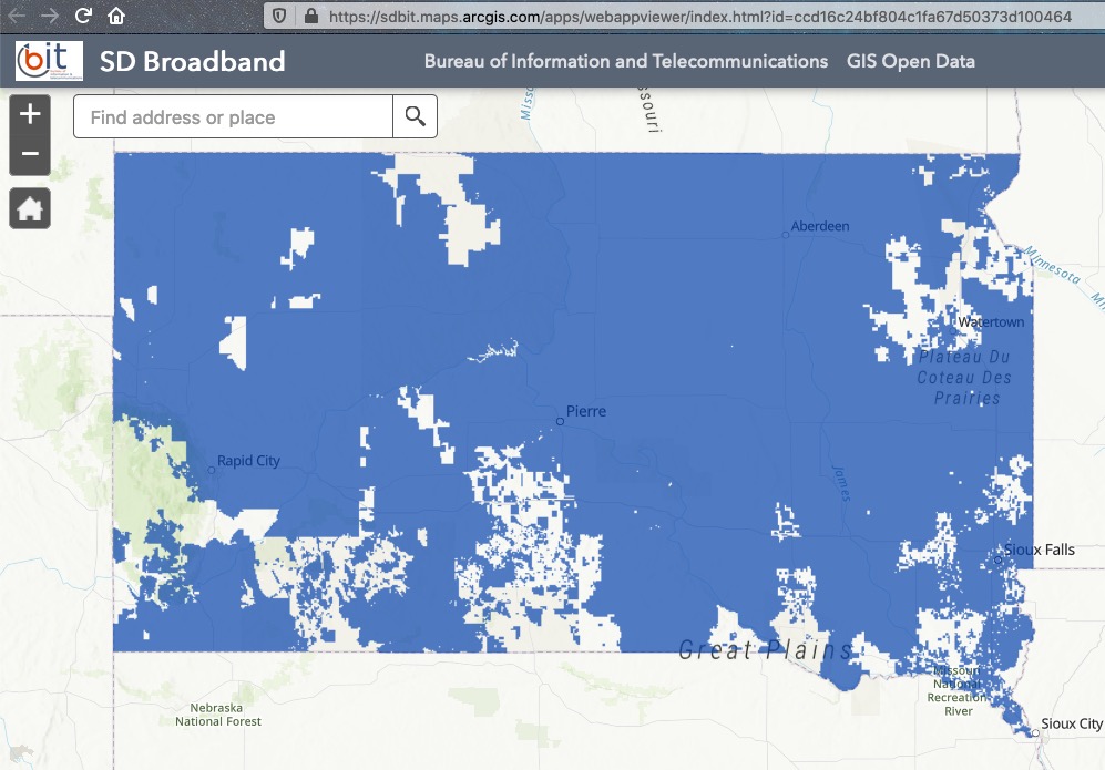 South Dakota Broadband Availability Map, from South Dakota Bureau of Information Technology, retrieved 2020.10.28.