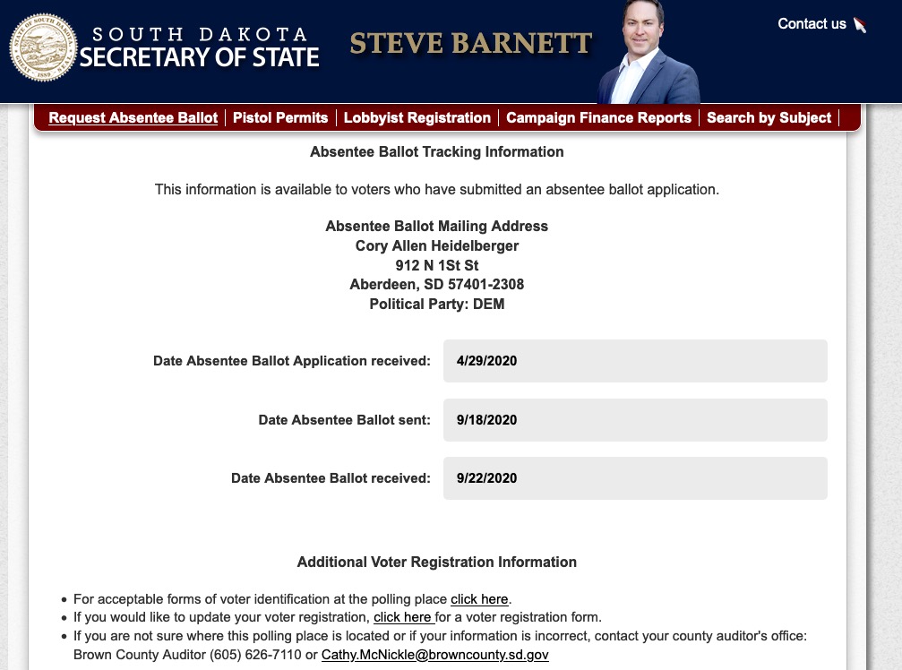 South Dakota Voter Information Portal: proof that county auditor Cathy McNickle got my ballot! screen cap 2020.11.02.