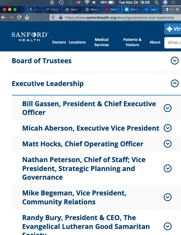 Sanford Health, Governance and Leadership webpage, already scrubbed of Krabbenhoft's stain, screen cap 2020.11.24.