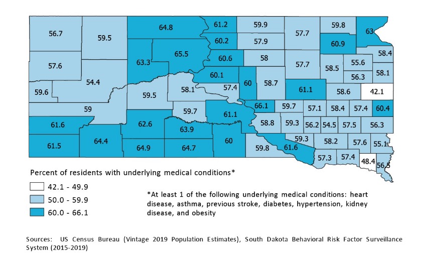 South Dakota Department of Health, Covid-19 Vaccination Plan, Appendix 4: Underlying Medical Conditions by County, updated 2020.11.18.