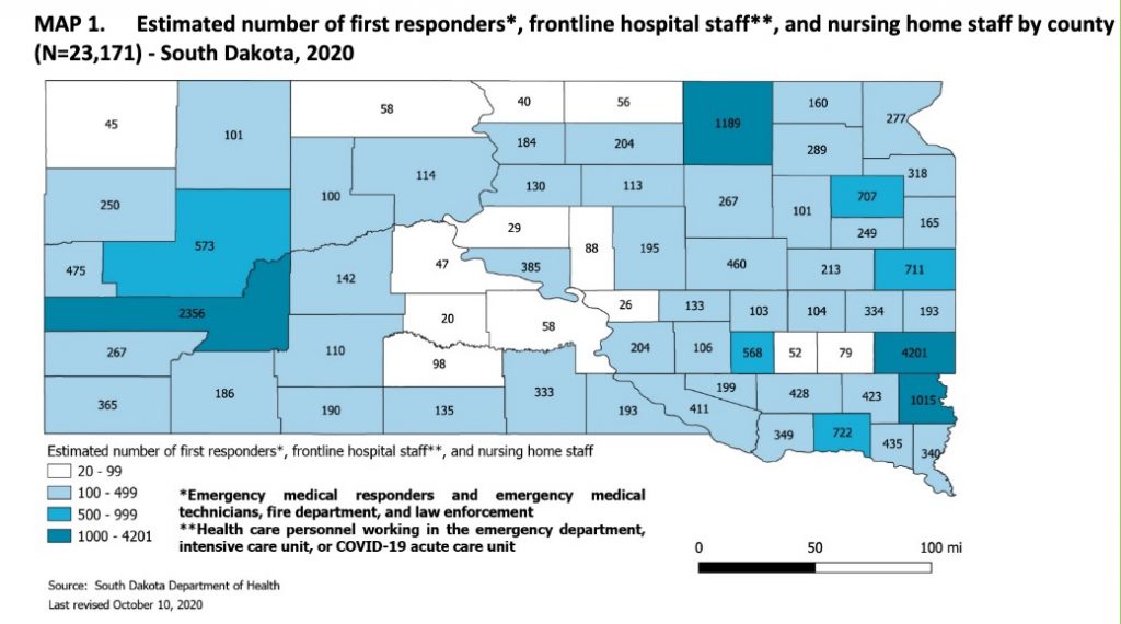 SDDOH, "Estimated number of first responders, frontline hospital staff, and nursing home staff by county, 2020.11.18.