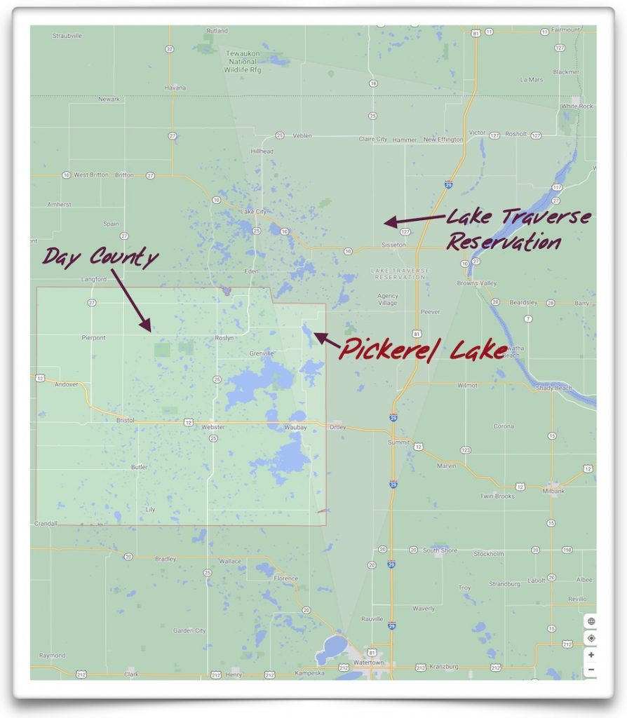 Lake Pickerel, in overlap of Lake Traverse Reservation and Day County, clip from Google Maps, annotated by CAH.