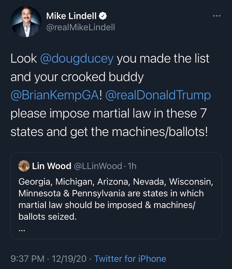 Mike Lindell, tweet, 2020.12.19, screencapped by Erin Maye Quade, 2020.12.19.