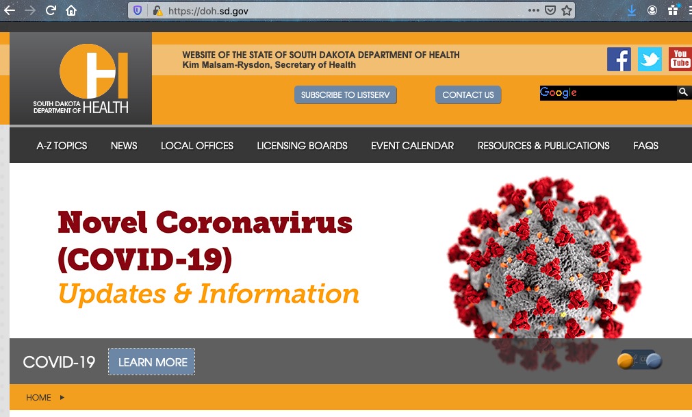 SD DOH home page, coronavirus image on rotating banner, screen cap 2020.12.02.