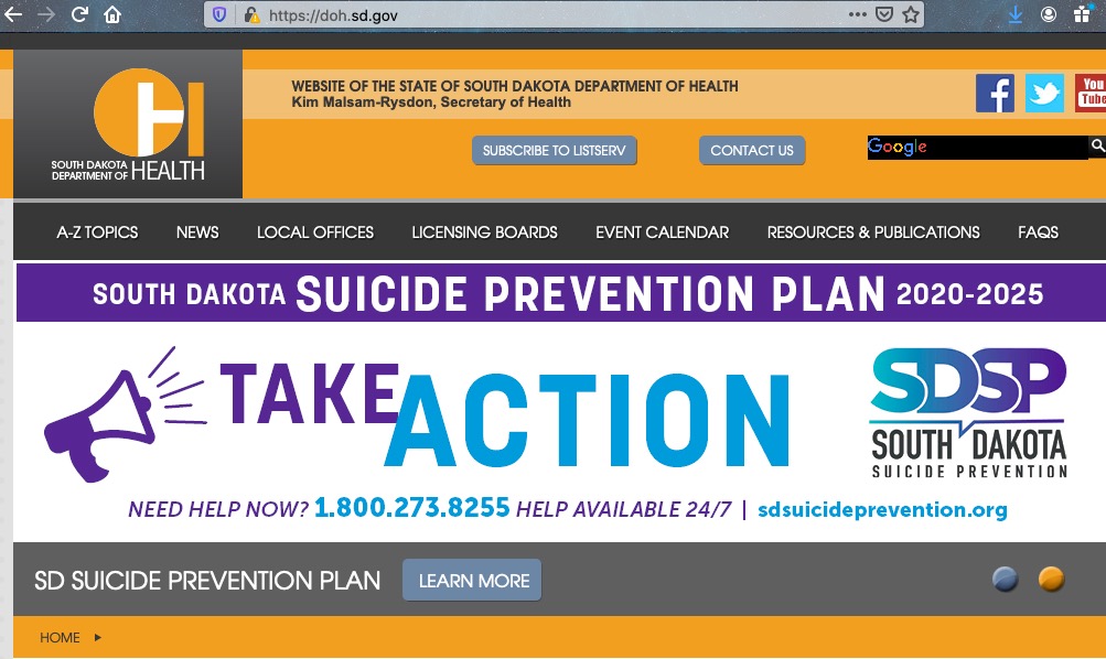 SD DOH home page, suicide prevention image on rotating banner, screen cap 2020.12.02.