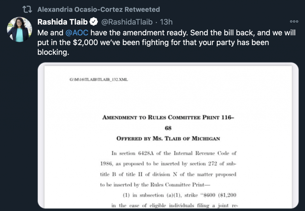 Rep. Rashida Tlaib, Tweet, 2020.12.22.