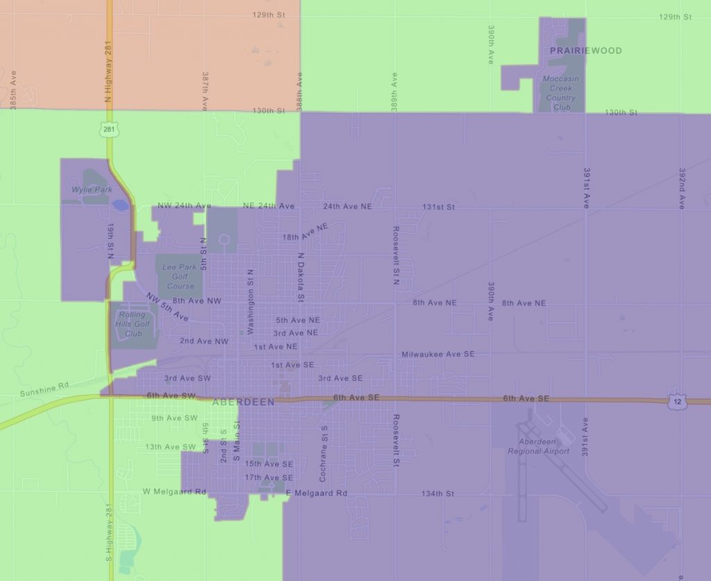 South Dakota Legislative Districts, Aberdeen metro area, screen cap from LRC, 2021.01.26.