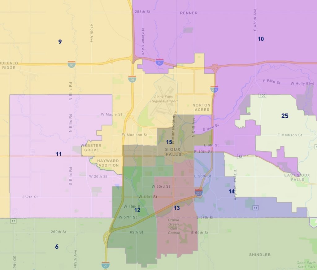South Dakota Legislative Districts, Sioux Falls metro area, screen cap from LRC, 2021.01.26.