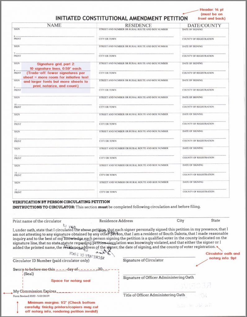 South Dakota Initiative Petition Form, back of sheet, CAH recommended style, based on state requirements in SDAR 05:02:08:09 and SDAR 05:02:08:00.03.