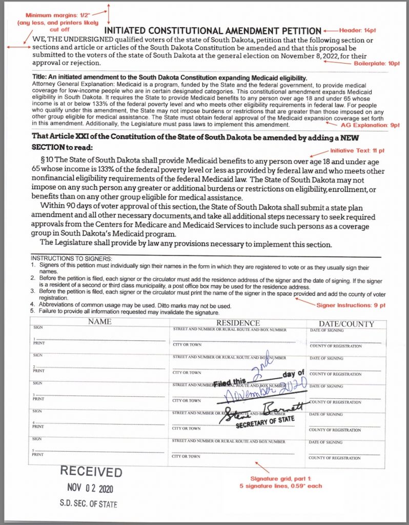 South Dakota Initiative Petition Form, front of sheet, CAH recommended style, based on state requirements in SDAR 05:02:08:09 and SDAR 05:02:08:00.03.