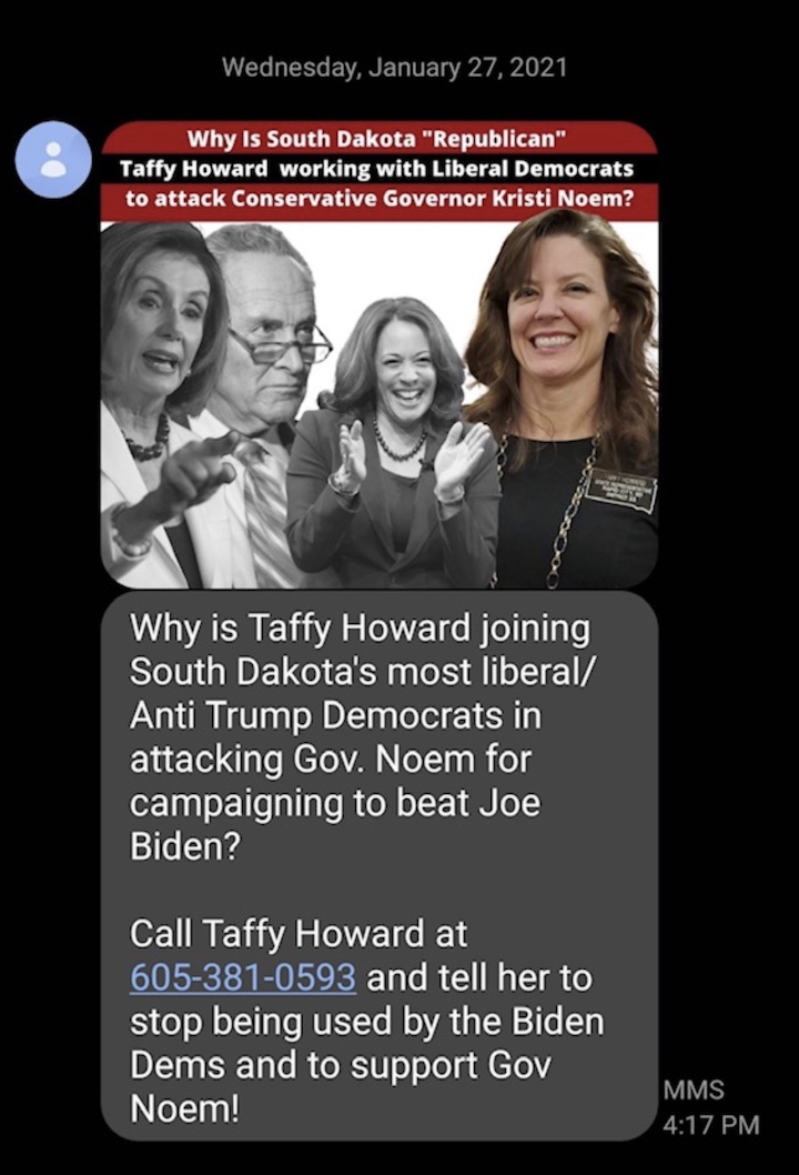 Attack text on Rep Taffy Howard, received via text 2021.01.27.