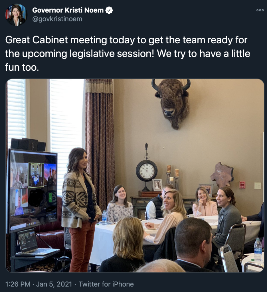 Gov. Kristi Noem, Twitter photo of Cabinet indoors, not socially distanced, not wearing masks, 2021.01.05.