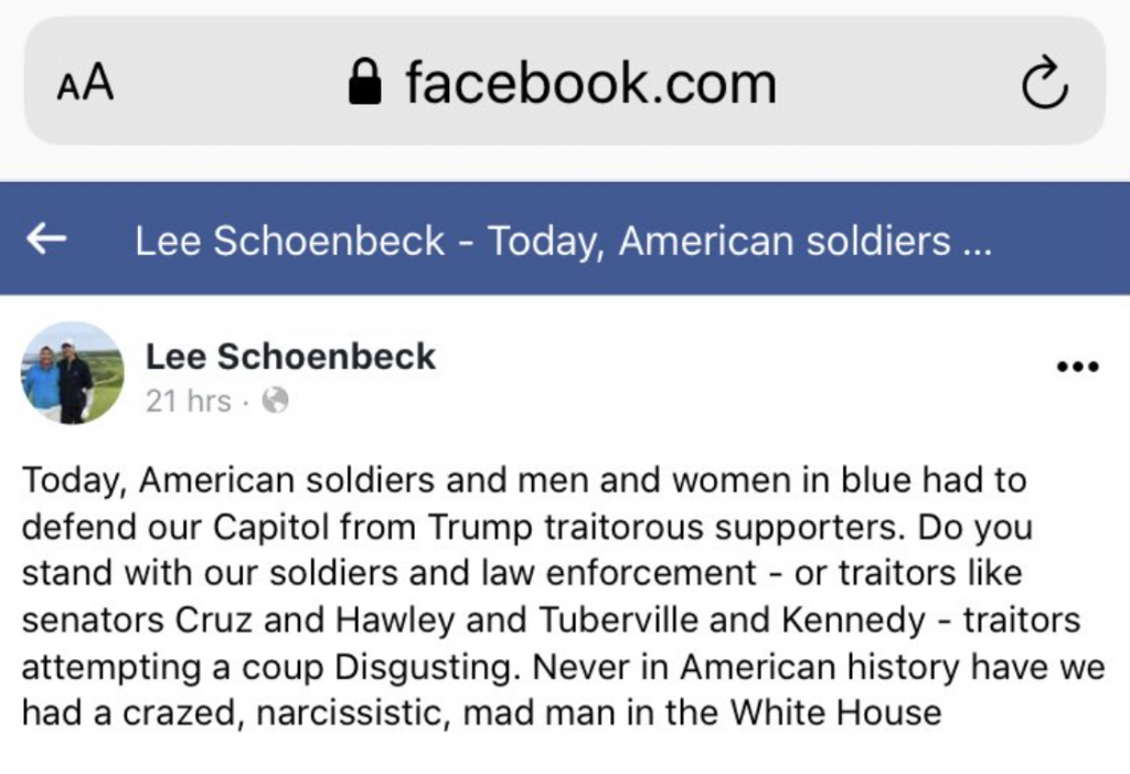 Sen. Lee Schoenbeck, FB, 2021.01.06, received by Dakota Free Press 2021.01.07.