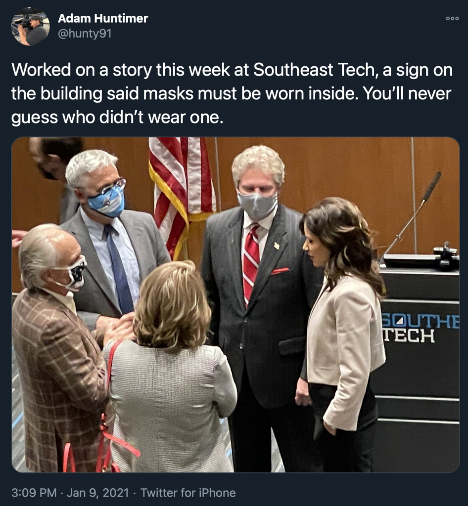 Adam Huntimer, photo of GOv. Kristi Noem violating mask rule at Southeast Technical Institute, Twitter, posted 2021.01.09.