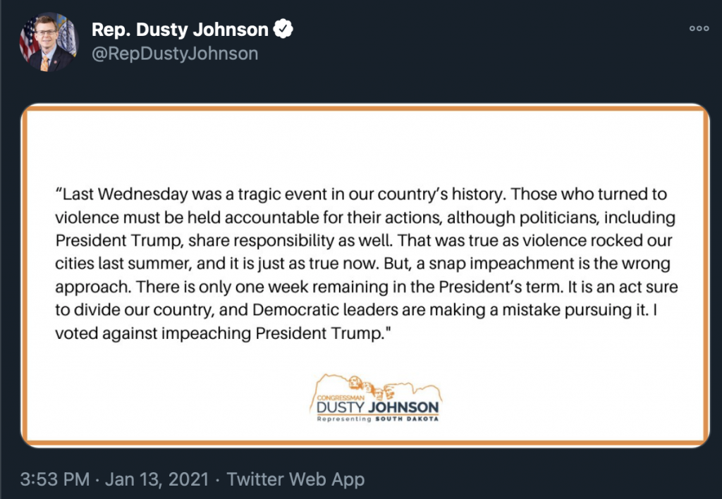 Rep. Dusty Johnson, Twitter, 2021.01.13.
