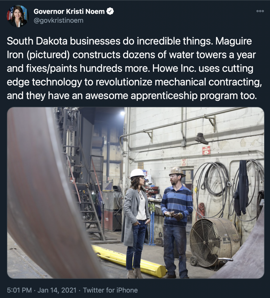 Gov. Kristi Noem, tweet from Maguire Iron, Sioux Falls, SD, 2021.01.14.